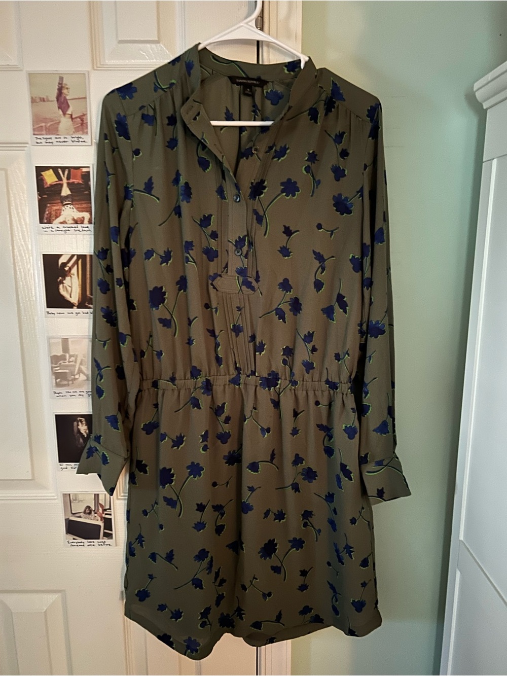 Banana Republic Olive Green Dress with Blue Floral Print